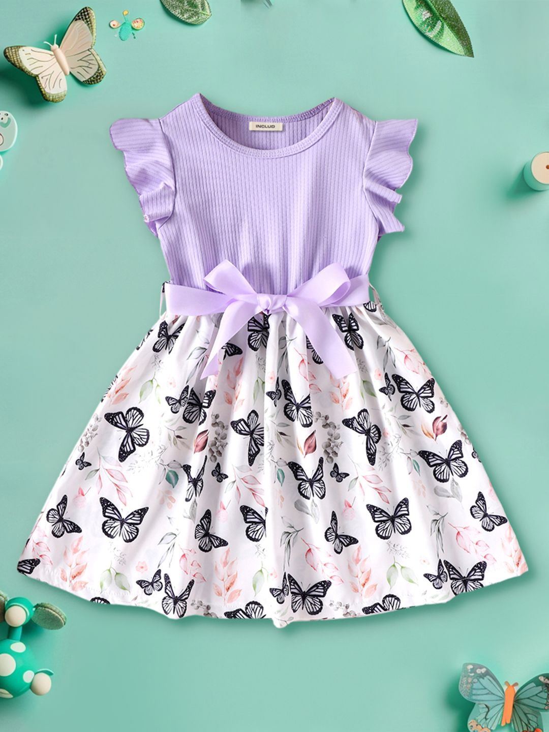 

INCLUD Girls Conversational Printed Flutter Sleeves Belted Fit & Flare Dress, Purple