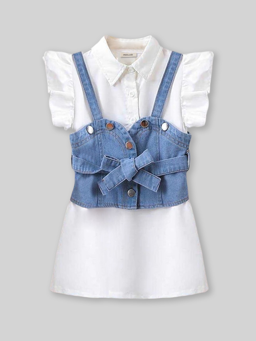 

INCLUD Girls Shoulder Straps Flutter Sleeves Straight Pinafore Dress With Denim Vest Set, White