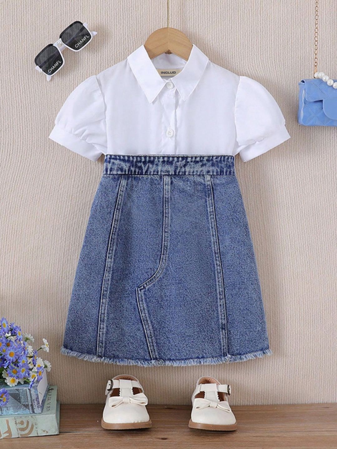 

INCLUD Girls Shirt Collar Puffed Sleeves A-Line Dress, White