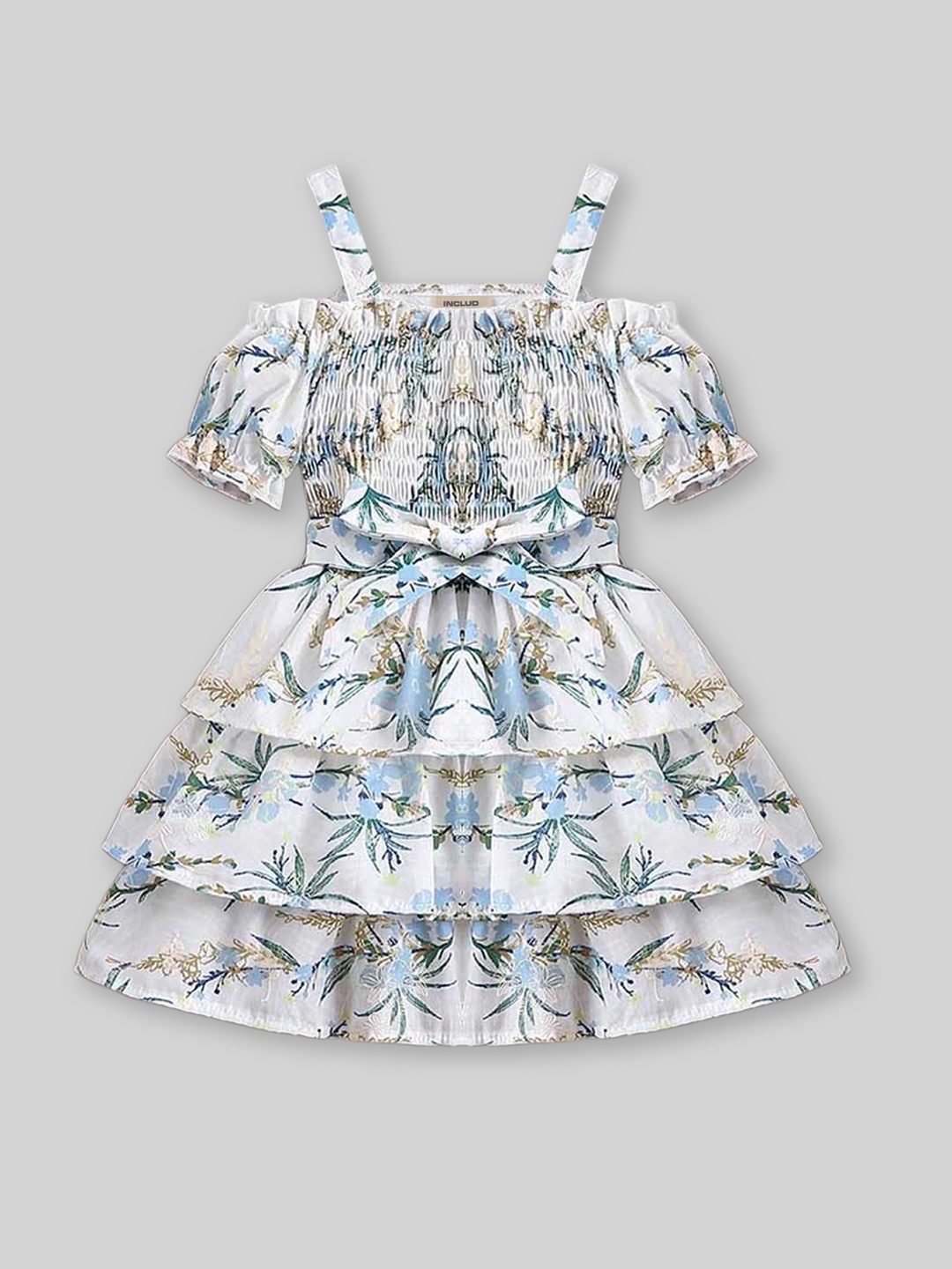 

INCLUD Girls Floral Printed Cold-Shoulder Layered Fit & Flared Dress, White