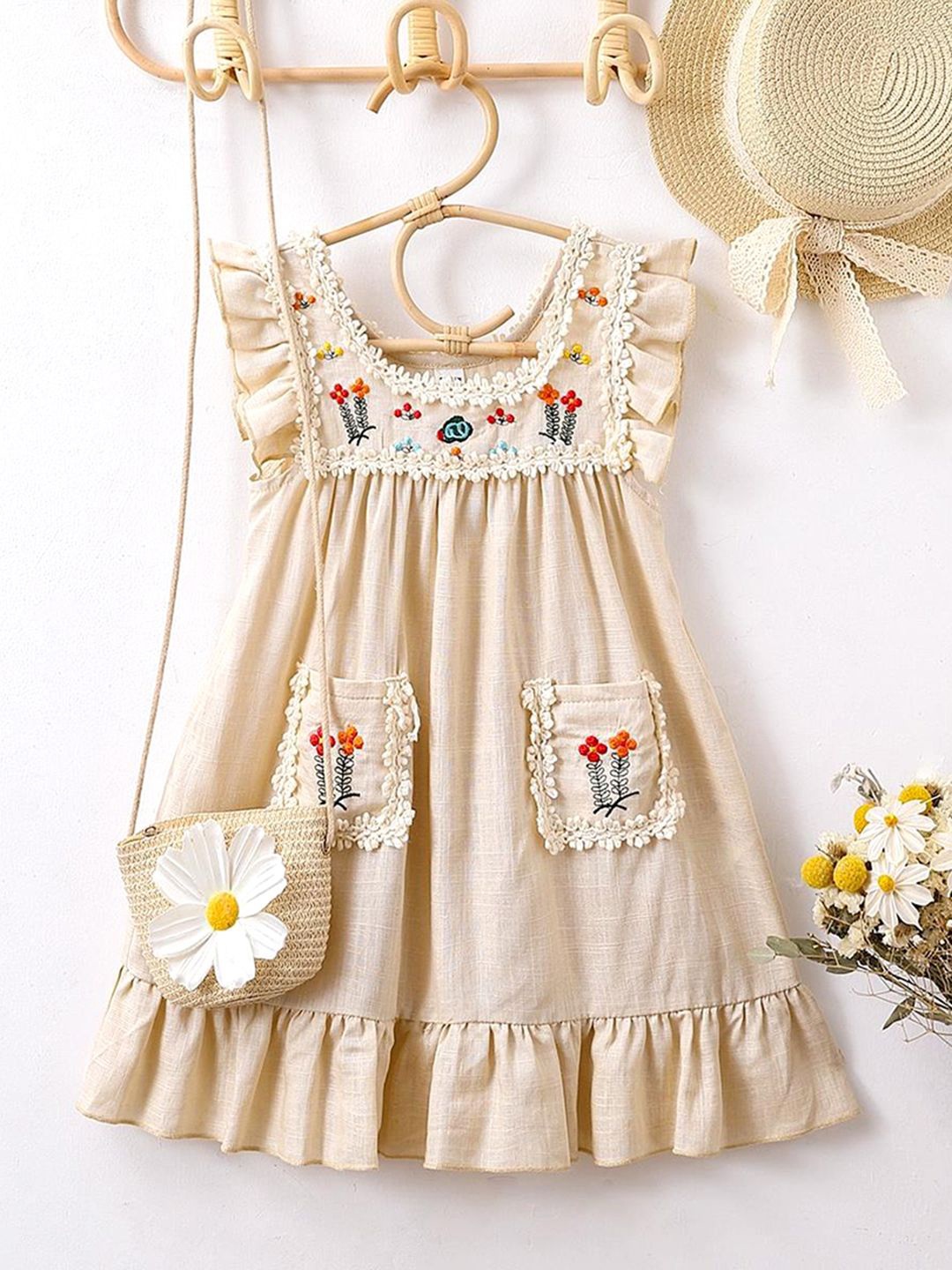 

INCLUD Girls Floral Embroidered Flutter Sleeve Fit & Flare Dress, Beige