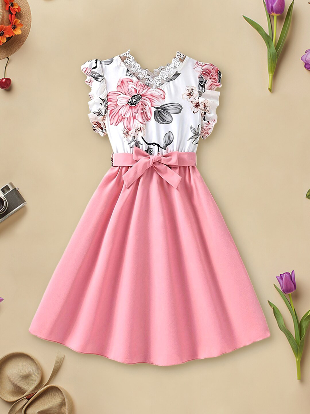 

INCLUD Girls Floral Printed Flutter Sleeves Fit & Flare Dress, Pink