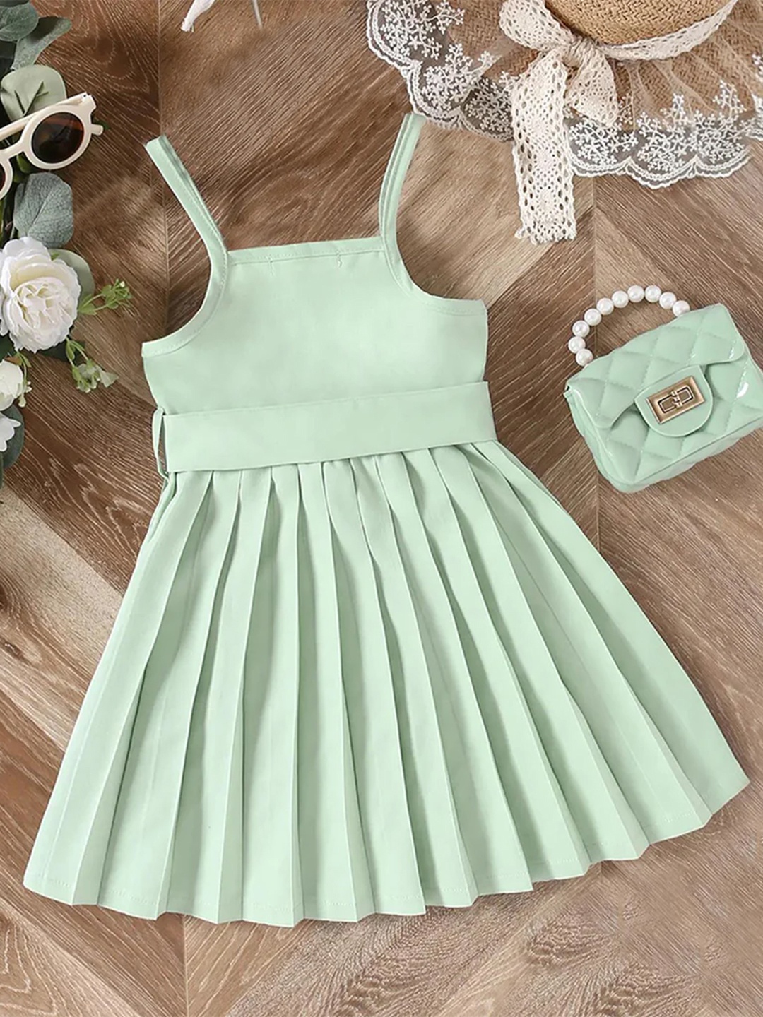 

INCLUD Girls Shoulder Straps Bow Pleated A-Line Dress, Green