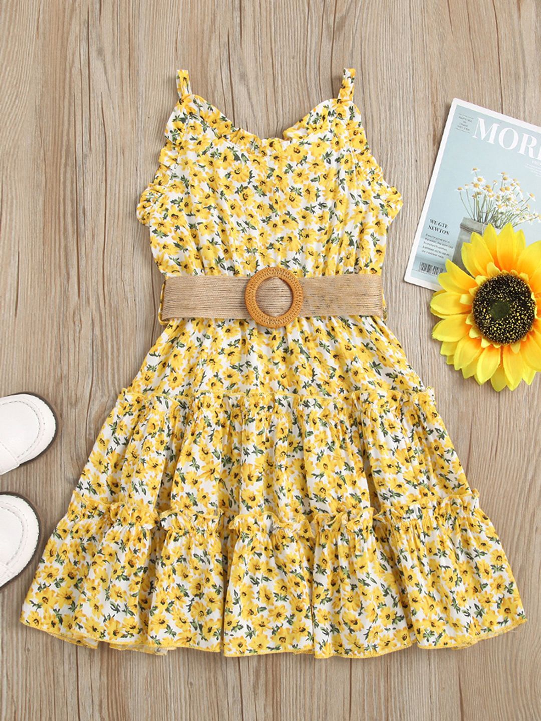 

INCLUD Girls Floral Printed Shoulder Straps Waist Belt Fit & Flare Dress, Yellow