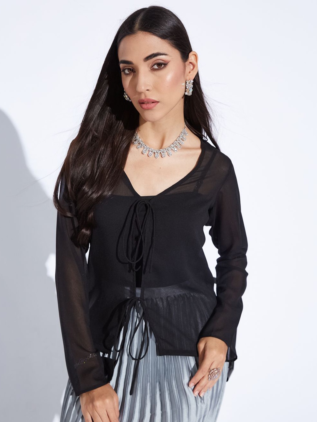 

DEPANO Women V-Neck Long Sleeves Georgette Sheer Top, Black
