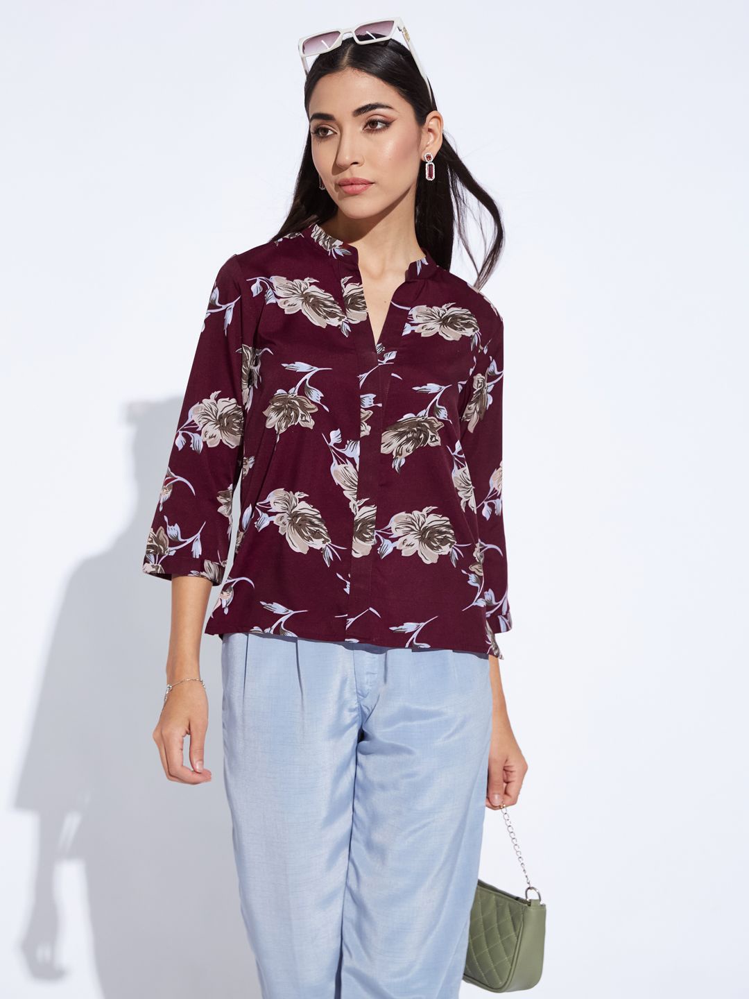 

DEPANO Women Floral Printed Mandarin Collar Crepe Shirt Style Top, Maroon