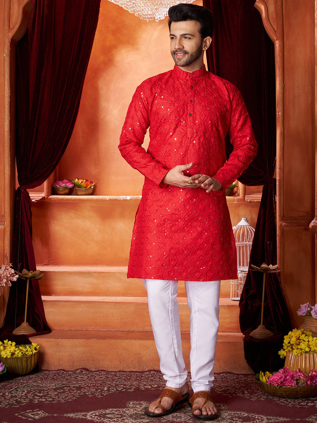 

Fashion FRICKS Men Ethnic Motifs Embroidered Regular Sequinned Kurta with Pyjamas, Red