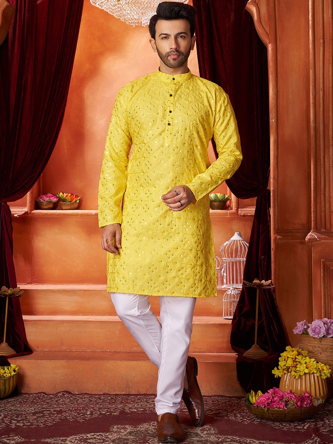 

Fashion FRICKS Men Ethnic Motifs Embroidered Regular Sequinned Kurta with Pyjamas, Yellow