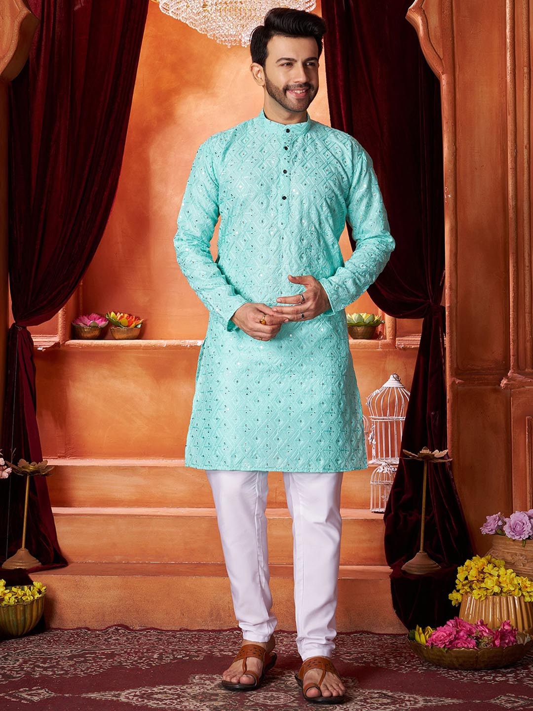 

Fashion FRICKS Men Embroidered Regular Sequinned Kurta with Trousers, Sea green
