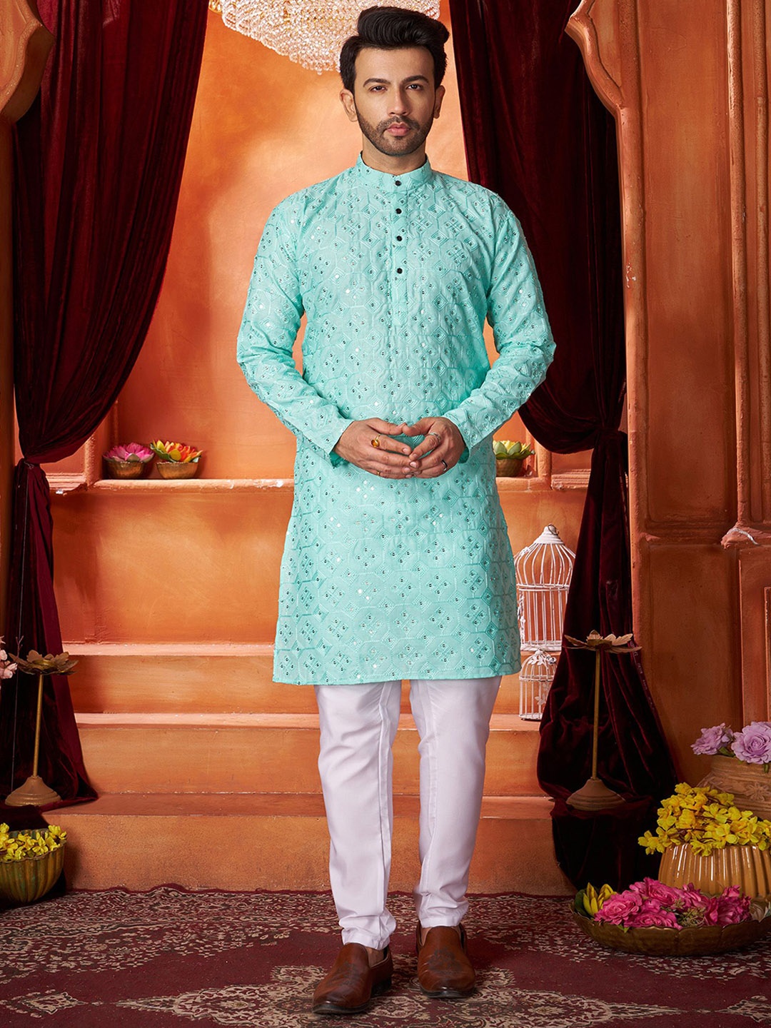 

Fashion FRICKS Men Ethnic Motifs Embroidered Regular Sequinned Kurta with Pyjamas, Sea green