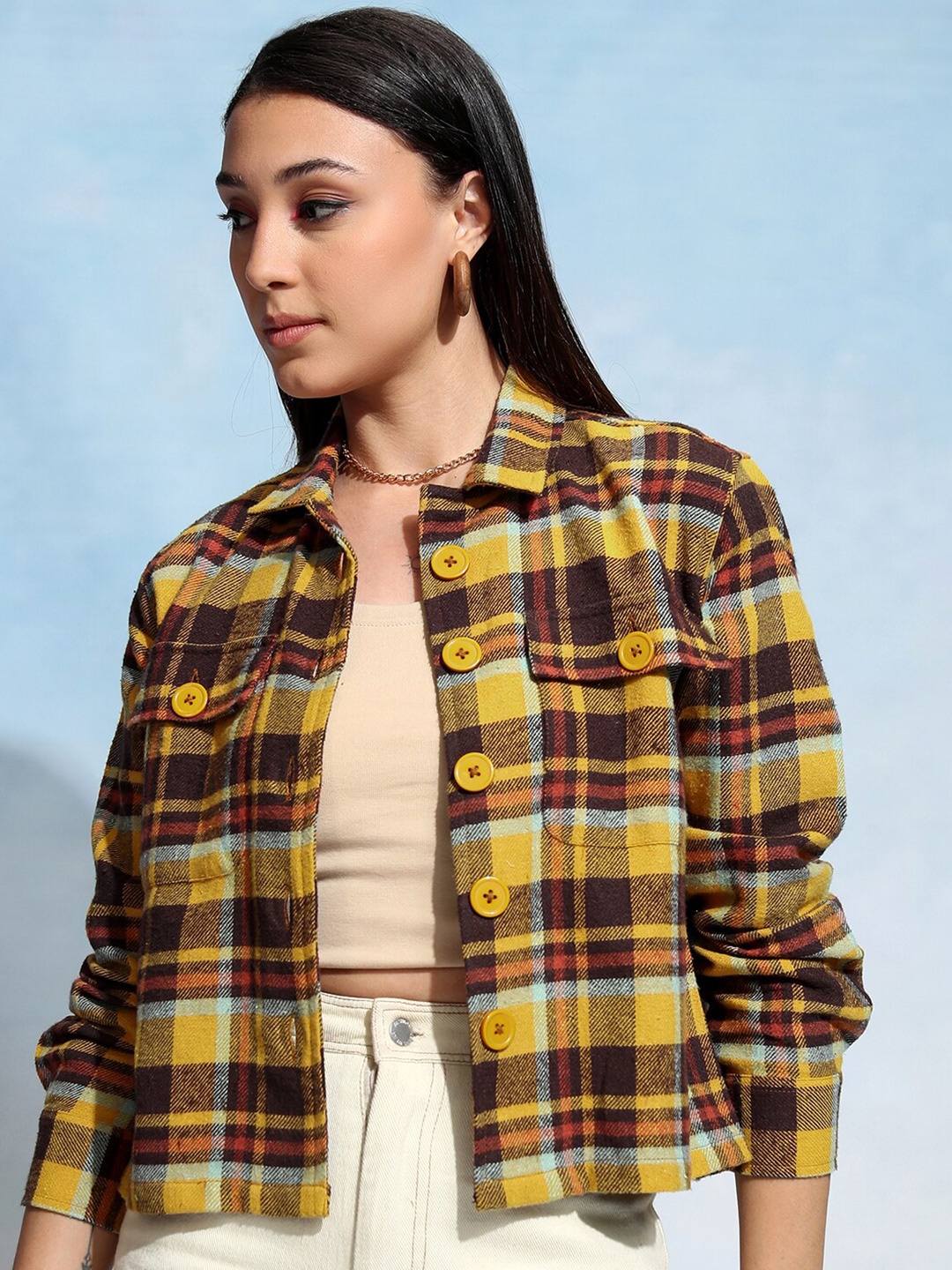

Tokyo Talkies Women Check Button-Down Overshirt, Brown