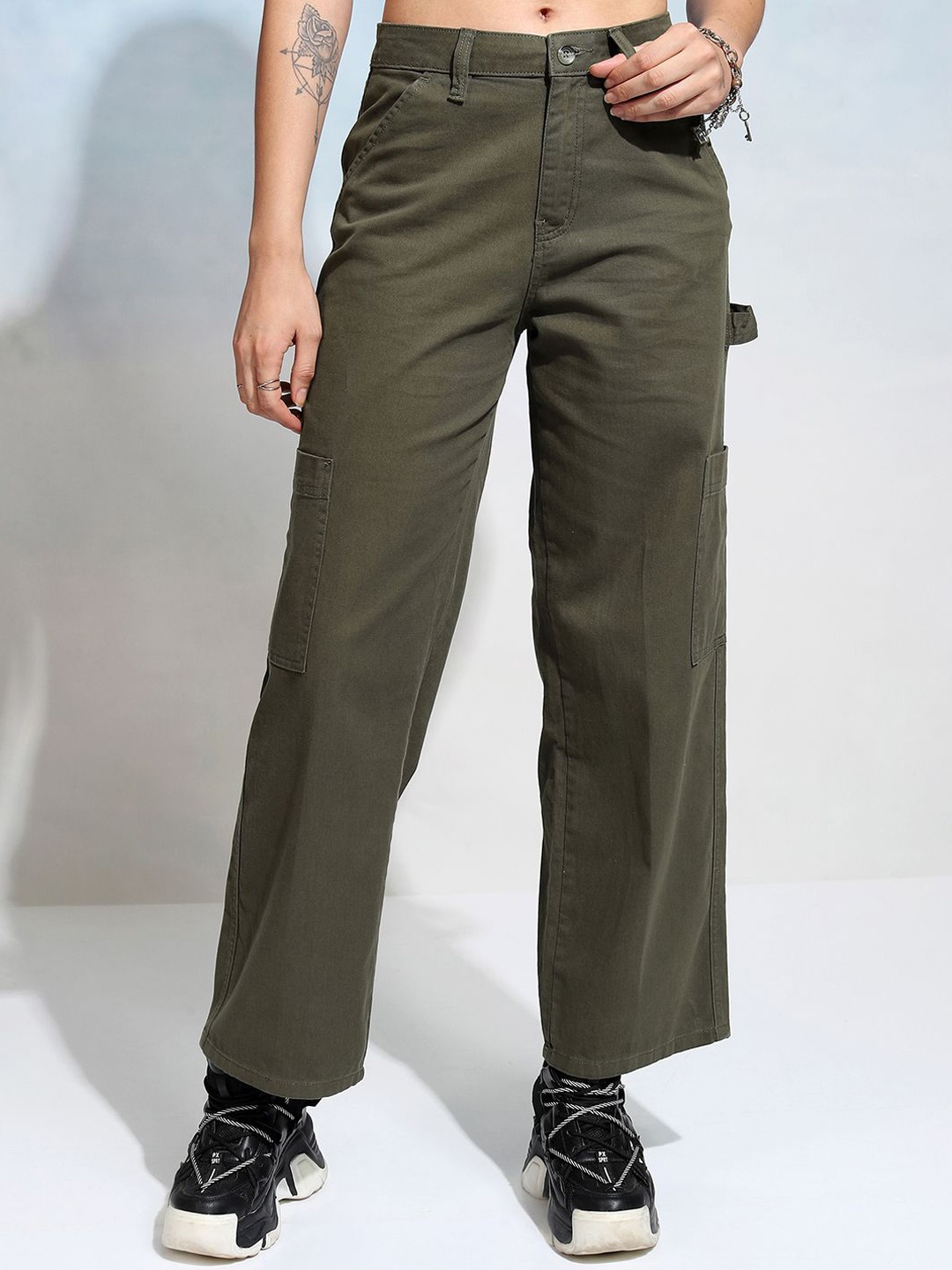 

Tokyo Talkies Women High-Rise Cotton Flared Trousers, Olive