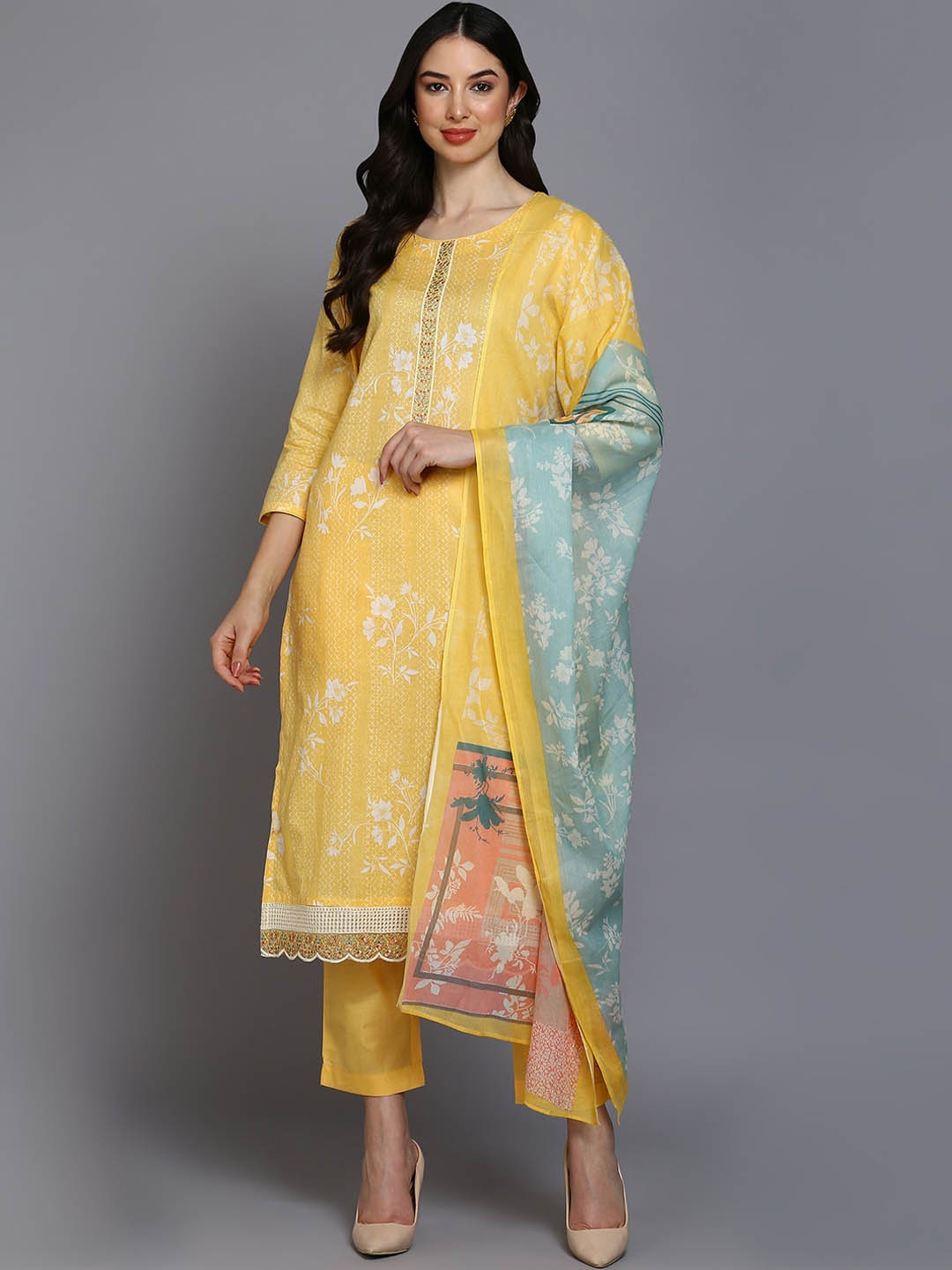 

KALINI Ethnic Motifs Printed Straight Thread Work Kurta with Trousers & Dupatta, Yellow