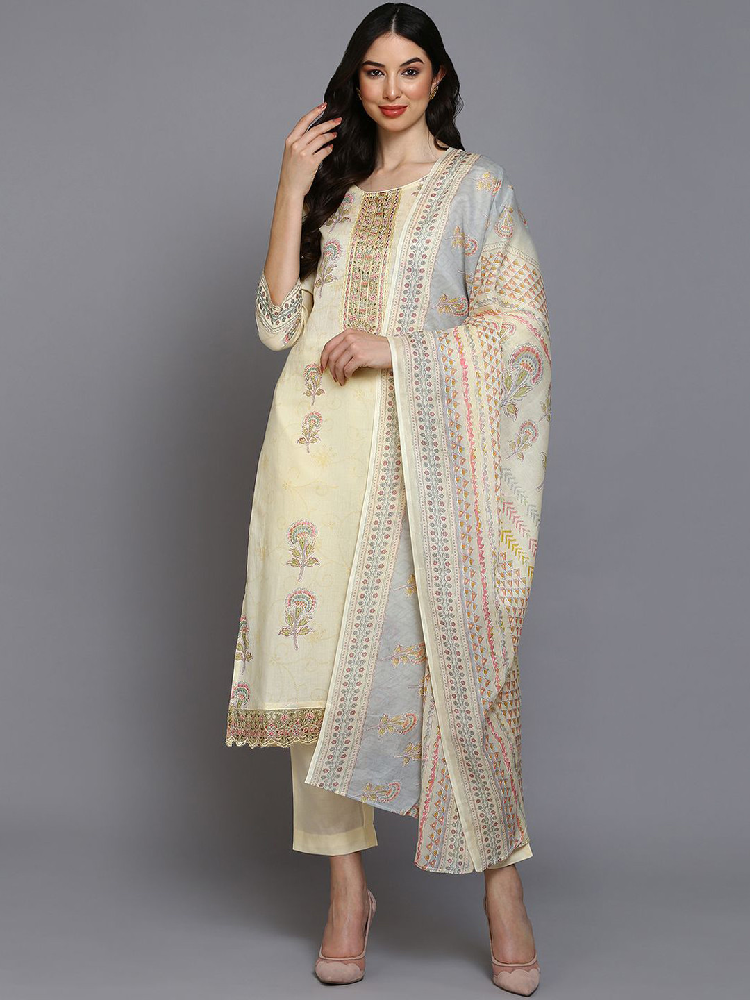 

KALINI Floral Printed Straight Thread Work Kurta with Trousers & Dupatta, Yellow