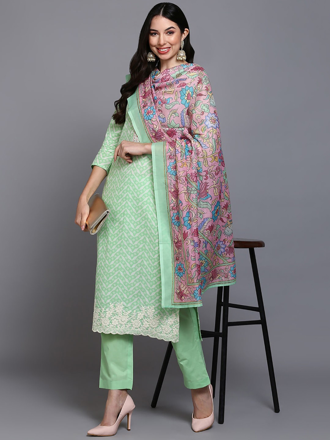 

KALINI Printed Straight Thread Work Pure Cotton Kurta with Trousers & Dupatta, Green