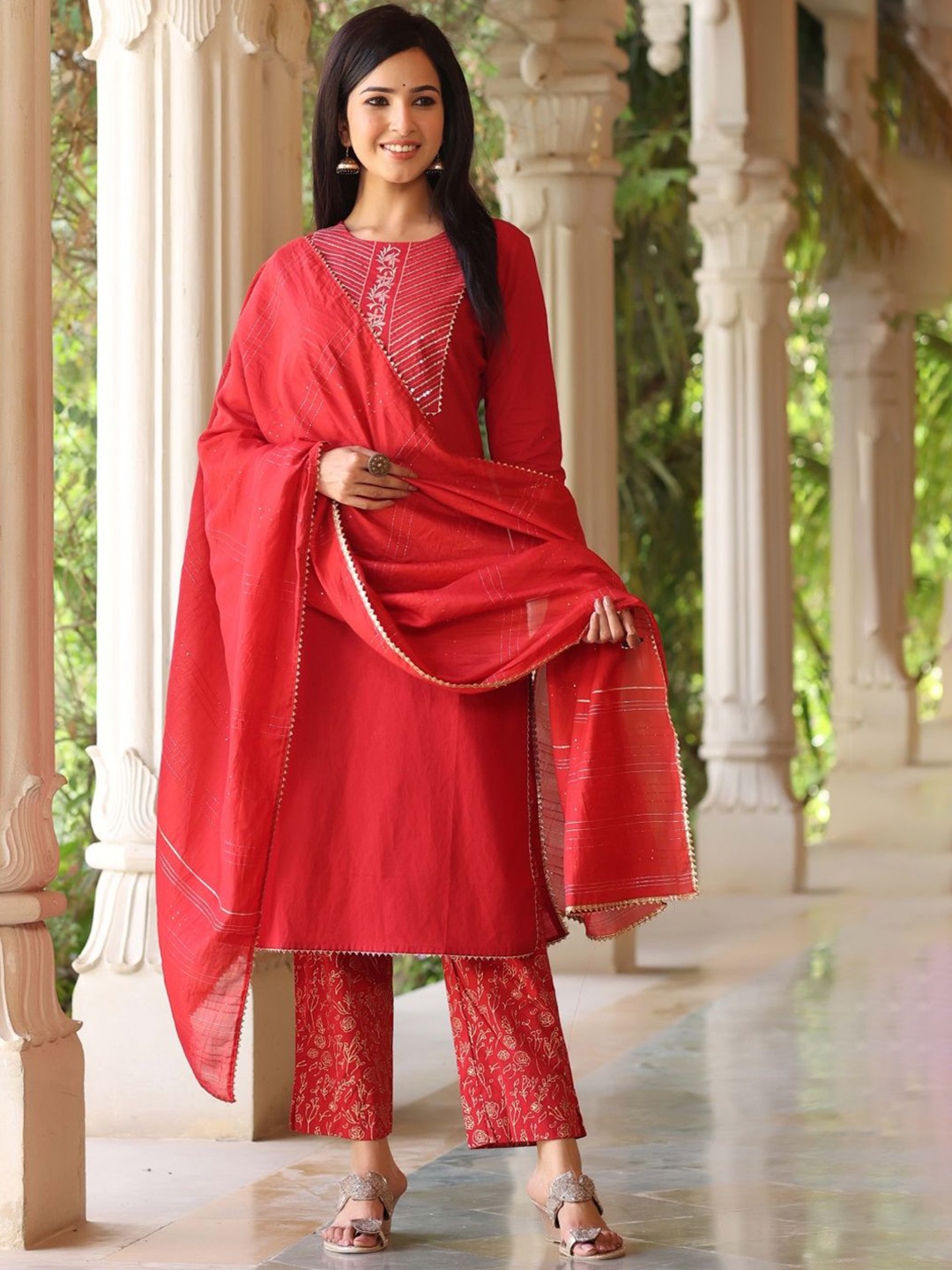 

KALINI Floral Embroidered Sequinned Straight Kurta with Trousers & Dupatta, Red