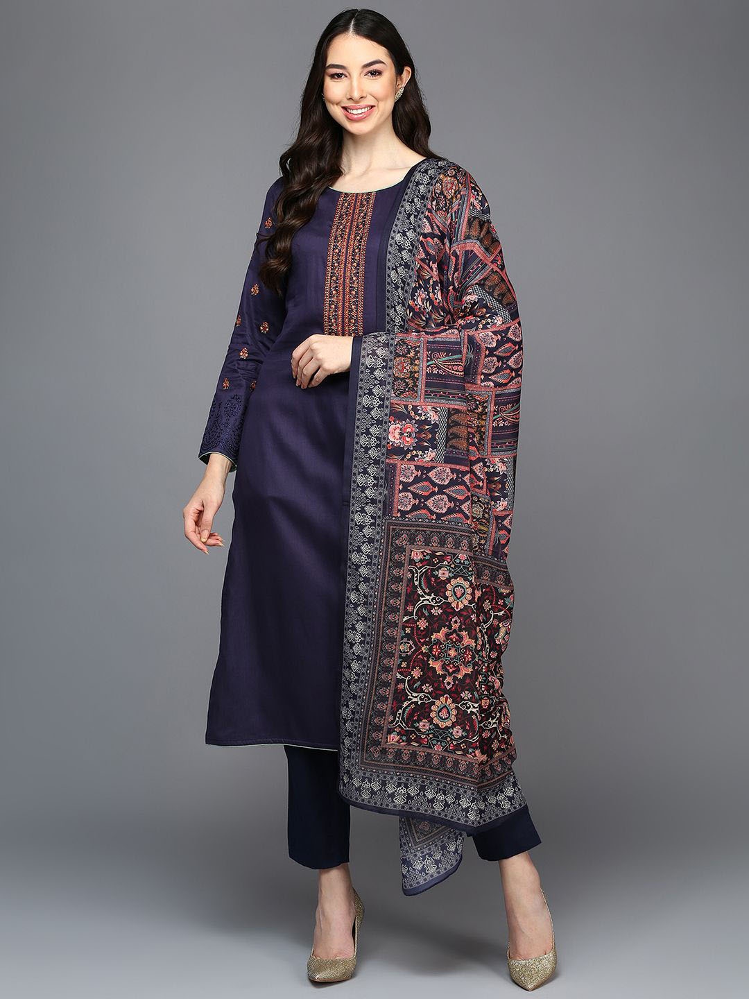

KALINI Ethnic Motifs Yoke Design Thread Work Pure Cotton Straight Kurta Trousers & Dupatta, Navy blue