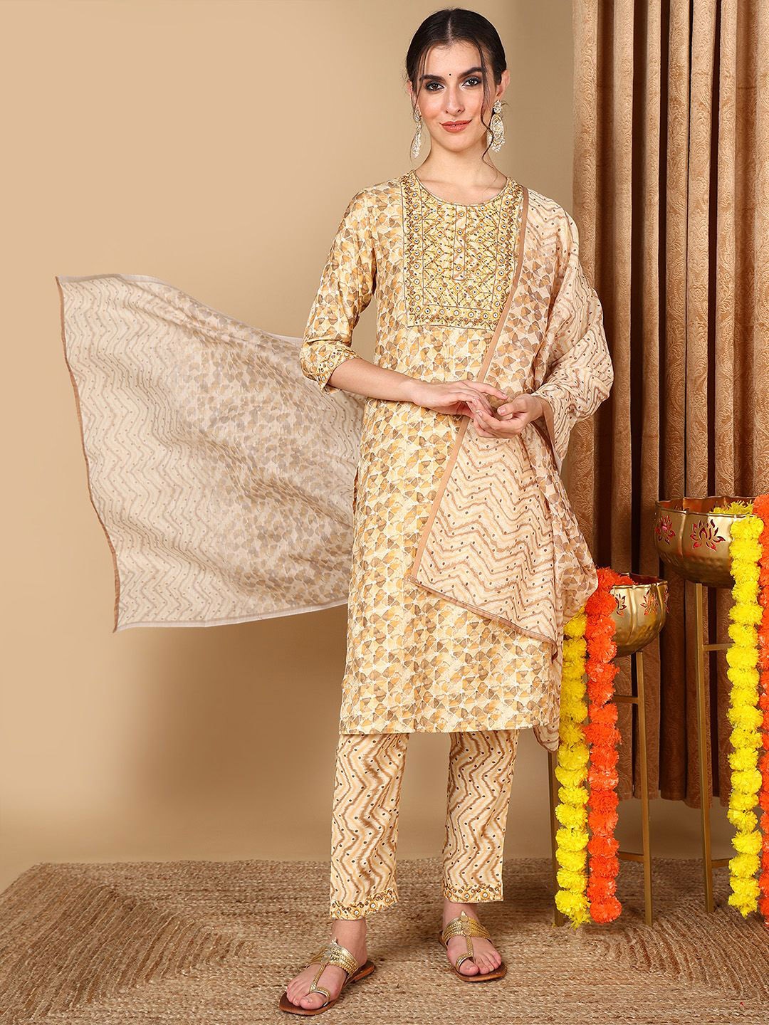 

KALINI Ethnic Motifs Printed Thread Work Pure Cotton Kurta with Trousers & Dupatta, Beige