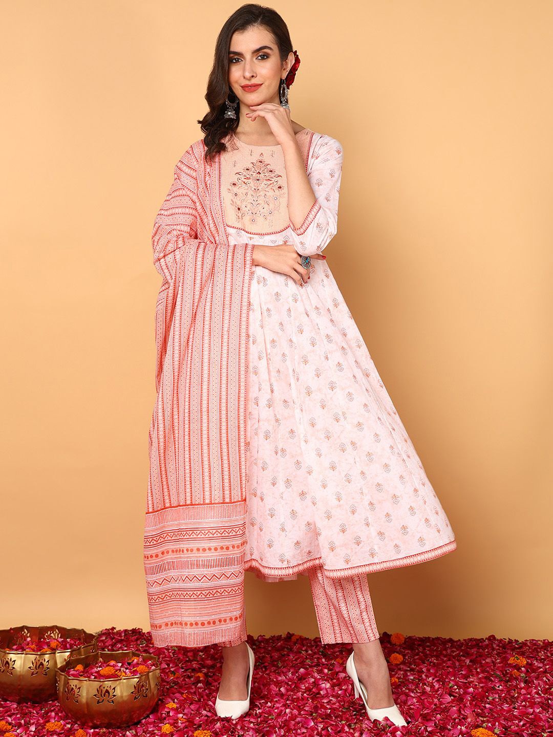 

KALINI Ethnic Motifs Printed Thread Work Pure Cotton Kurta with Trousers & Dupatta, Peach