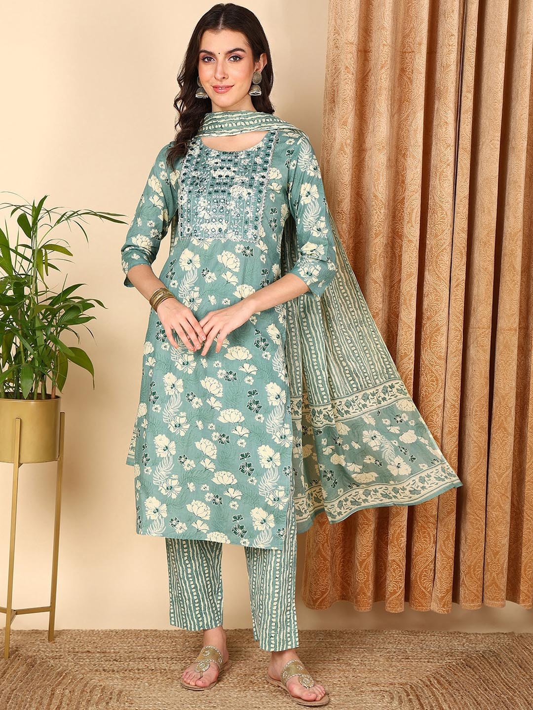 

KALINI Floral Printed Mirror Work Pure Cotton Straight Kurta with Trousers & Dupatta, Sea green