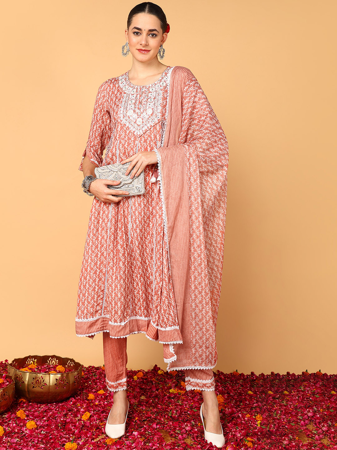 

KALINI Ethnic Motifs Printed A-Line Mirror Work Kurta with Trousers & Dupatta, Rust