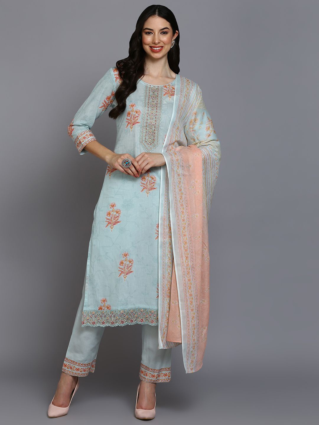 

KALINI Floral Printed Thread Work Straight Kurta with Trousers & With Dupatta, Blue