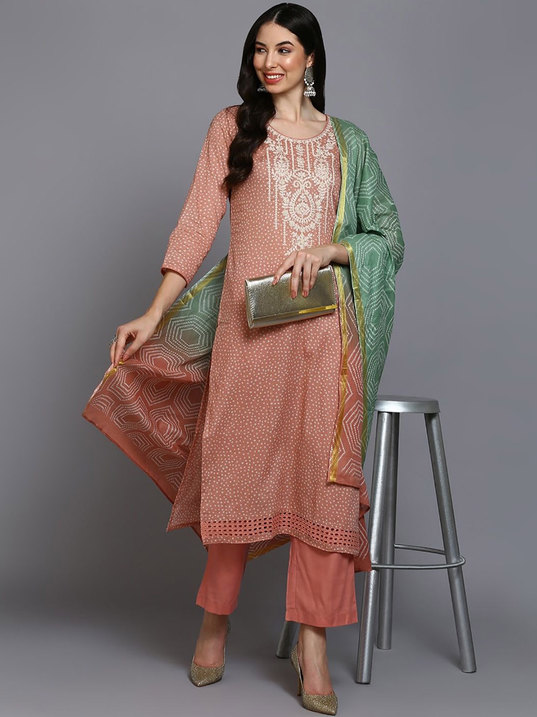 

KALINI Bandhani Printed Thread Work Pure Cotton Straight Kurta with Trousers & Dupatta, Peach