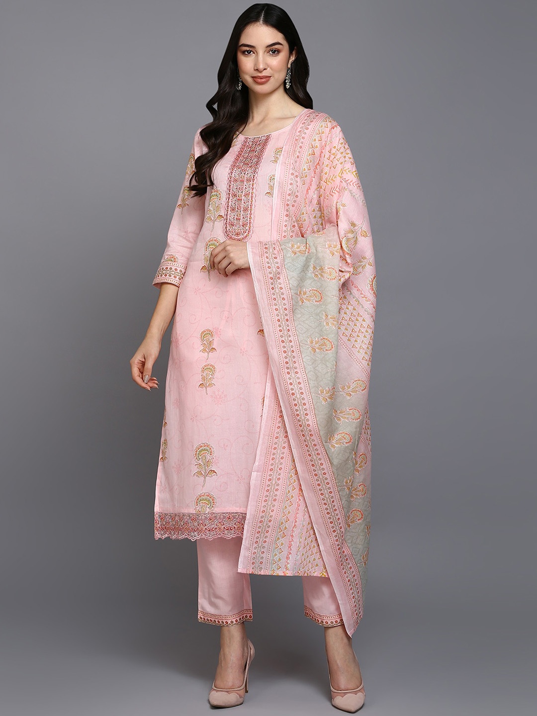 

KALINI Floral Printed Straight Thread Work Kurta with Trousers & Dupatta, Pink