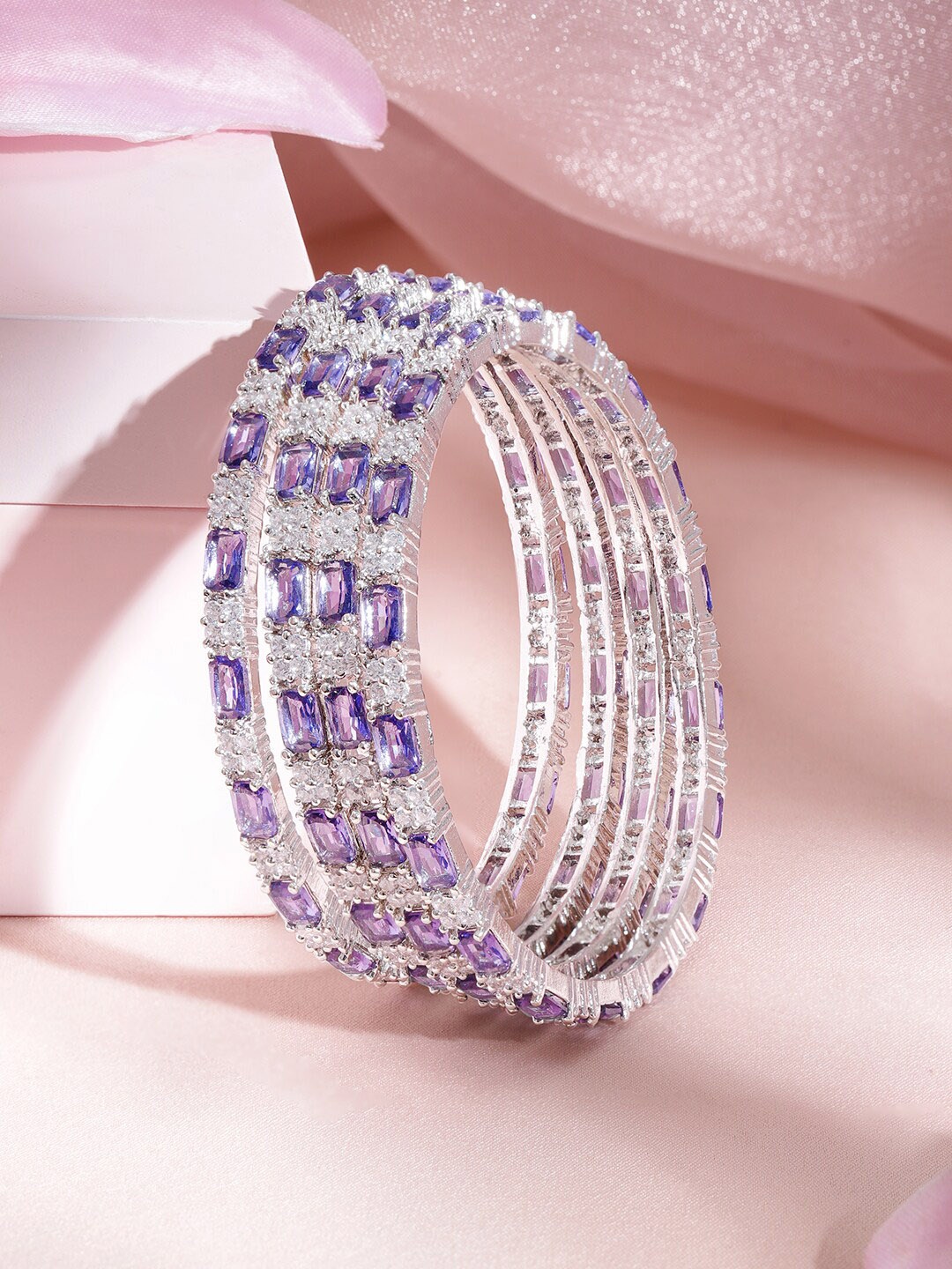 

Rubans Set of 4 Rhodium Plated Purple Sapphire & Crystal Zirconia Studded Premium Bangles, Silver