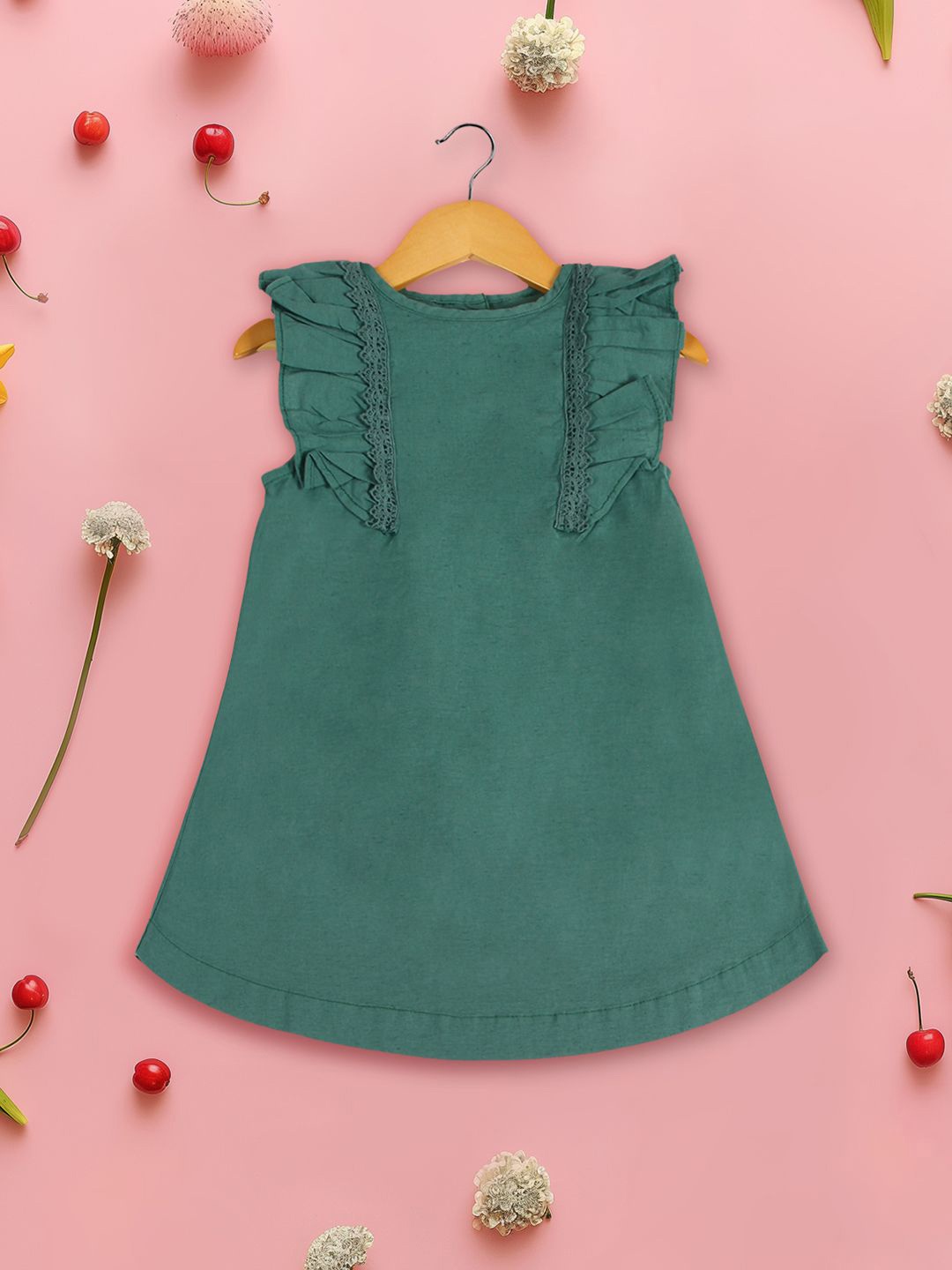 

INCLUD Girls Round Neck Flutter Sleeves A-Line Dress, Green