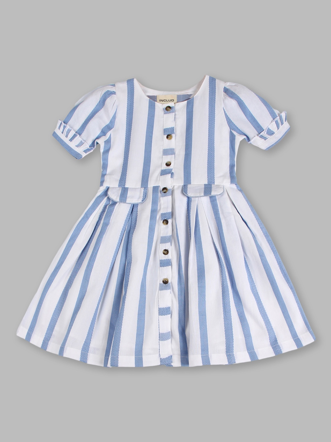 

INCLUD Girls Striped Puff Sleeves Fit & Flare Dress, White