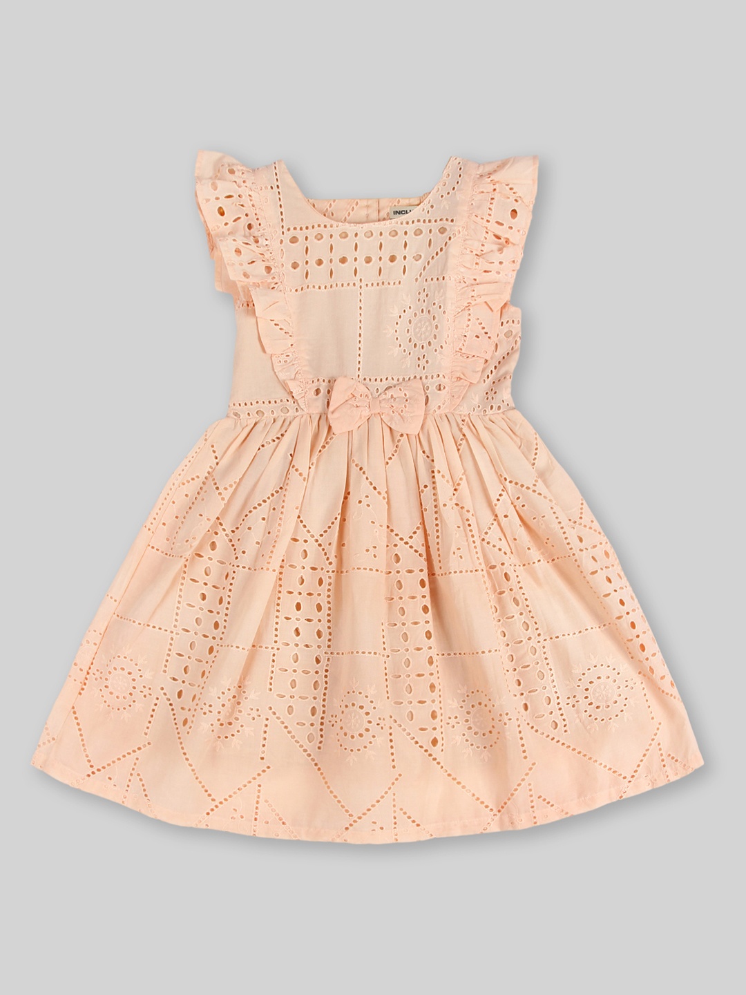 

INCLUD Girls Self Design Flutter Sleeves Gathered or Pleated Schiffli Fit & Flare Dress, Peach