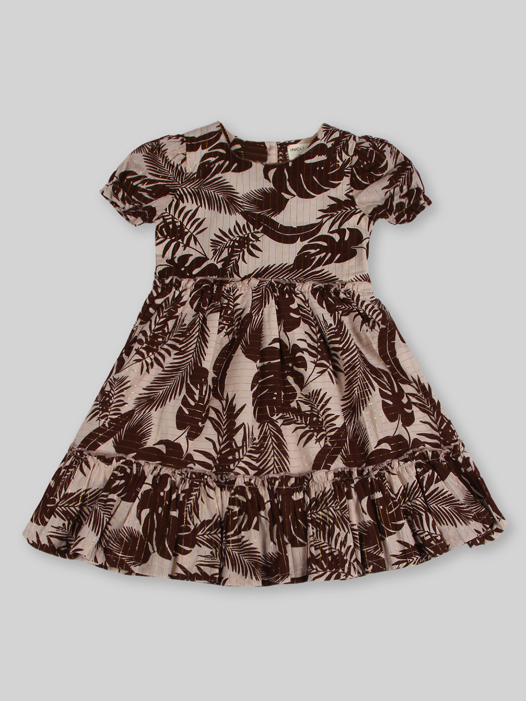 

INCLUD Girls Tropical Printed Puff Sleeves Fit & Flare Dress, Brown