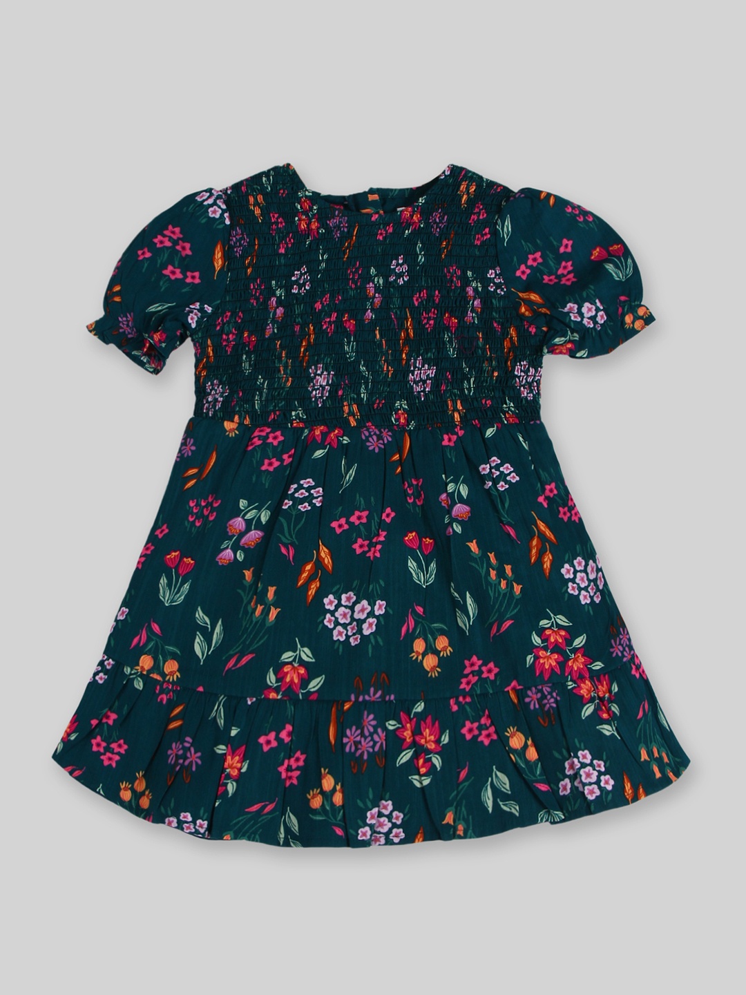 

INCLUD Girls Floral Printed Puff Sleeves Smocked A-Line Dress, Green