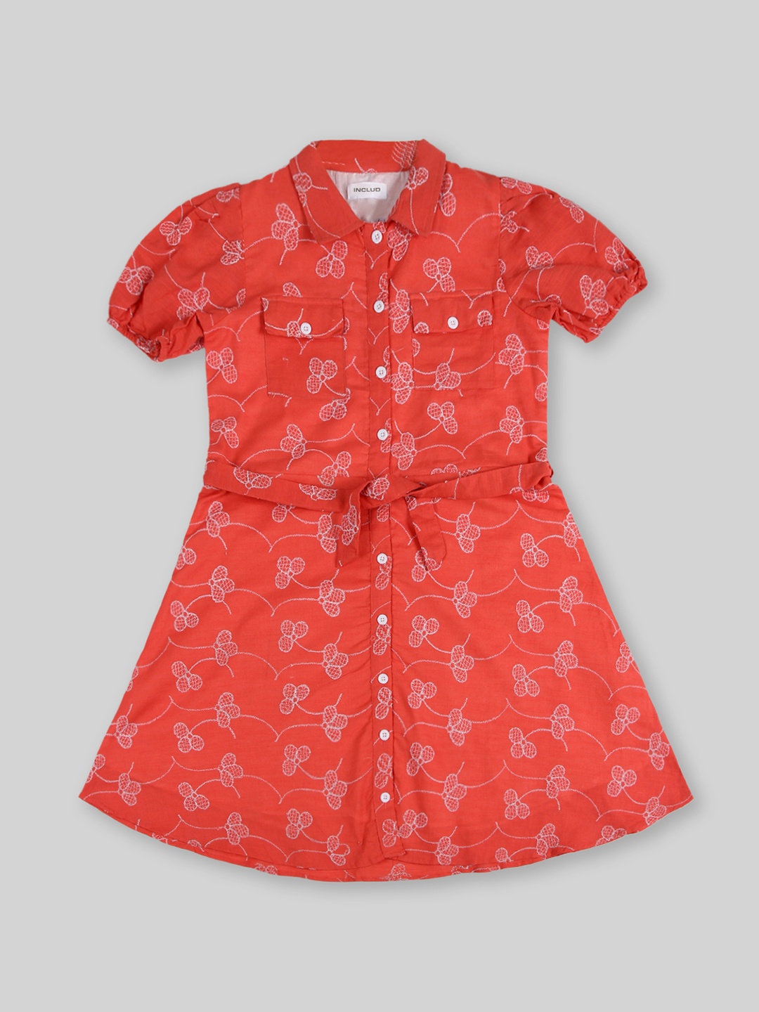 

INCLUD Girls Floral Embroidered Puff Sleeves Shirt Dress, Red