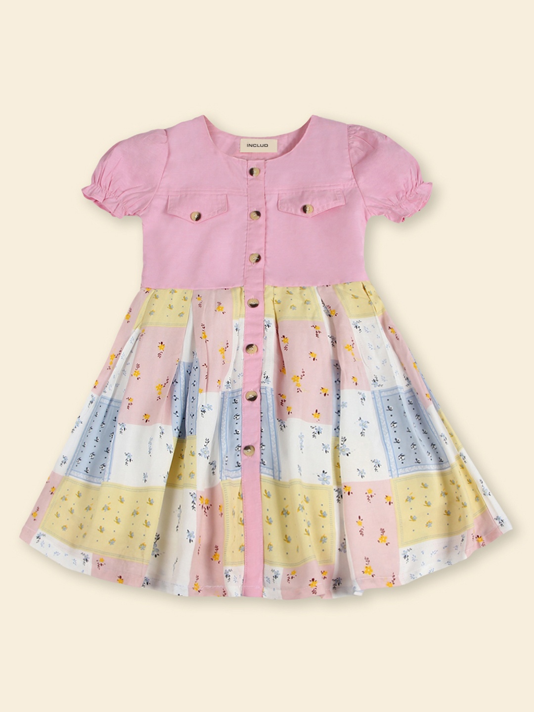 

INCLUD Girls Floral Printed Puff Sleeves Fit & Flare Dress, Pink