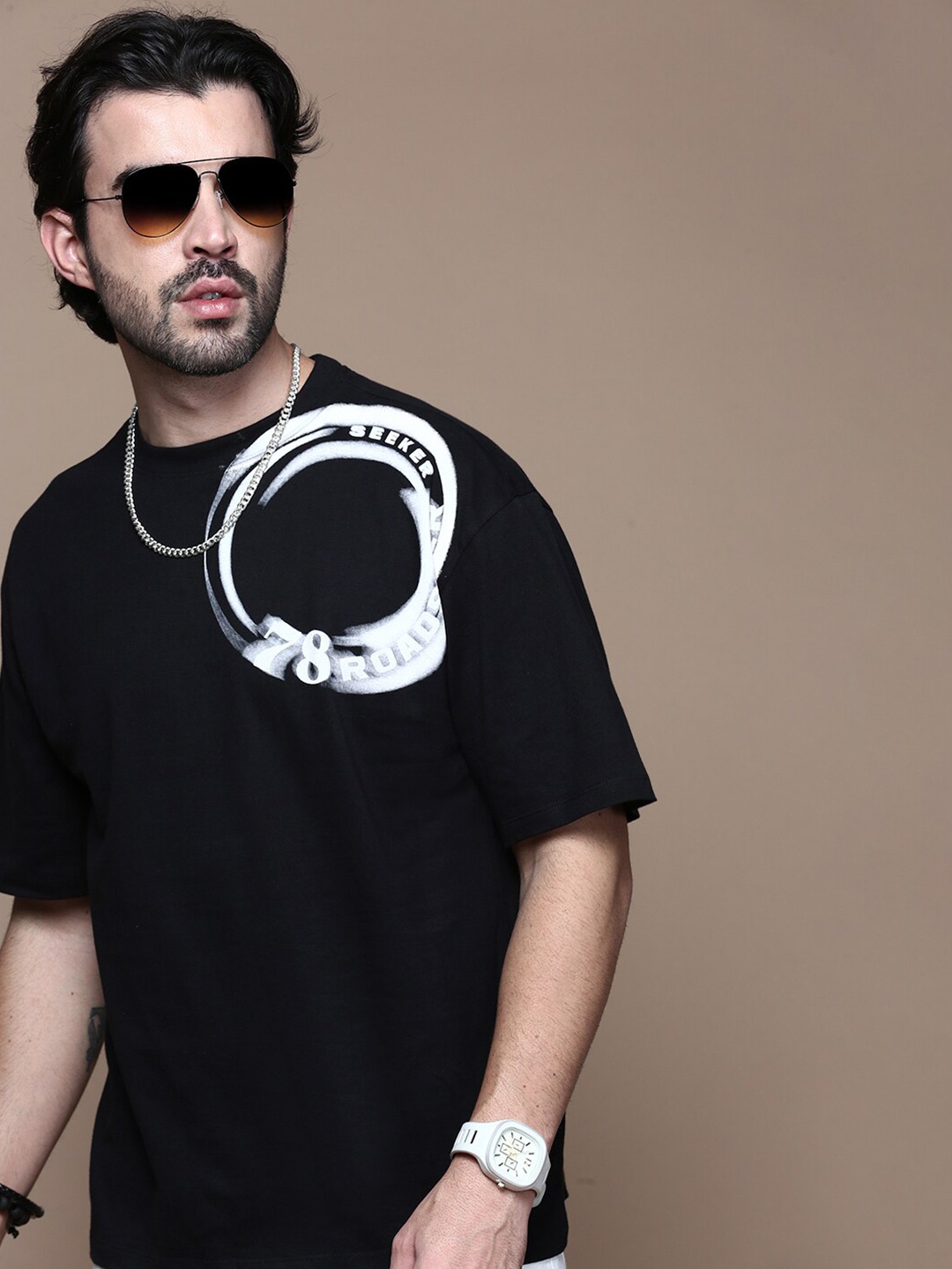

The Roadster Lifestyle Co Printed Cotton Relaxed-Fit T-Shirt, Black