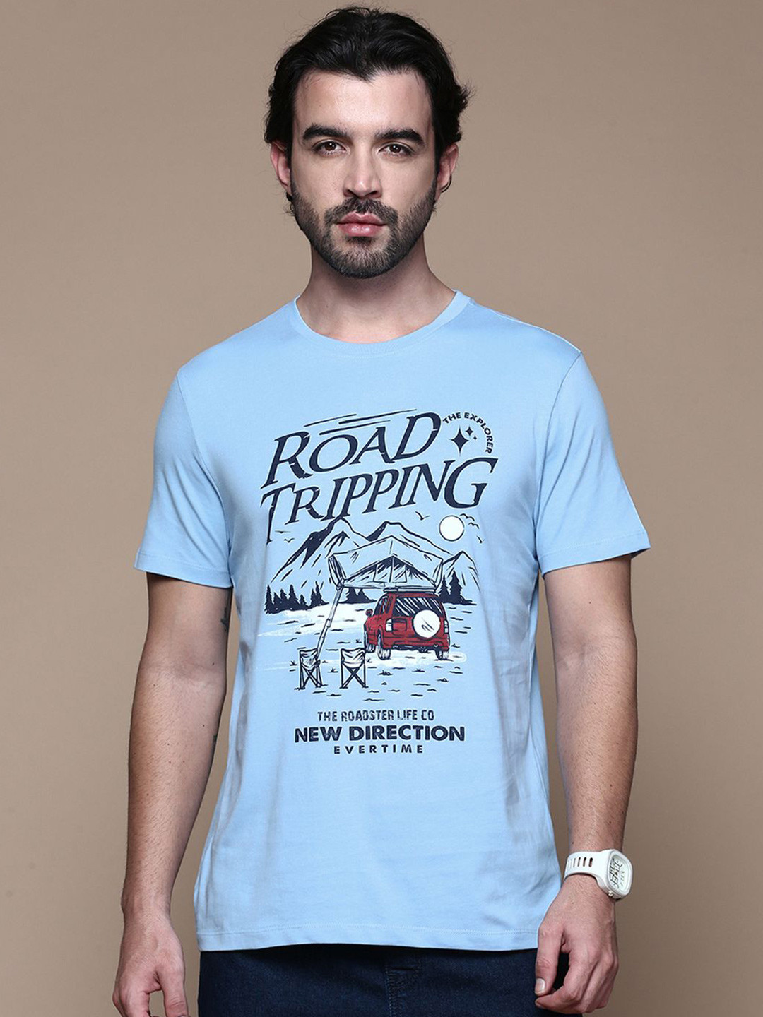 

The Roadster Lifestyle Co Printed Cotton T-Shirt, Blue