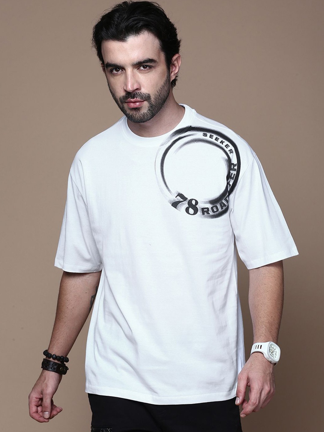The Roadster Lifestyle Co Printed Cotton Relaxed-Fit T-Shirt, White