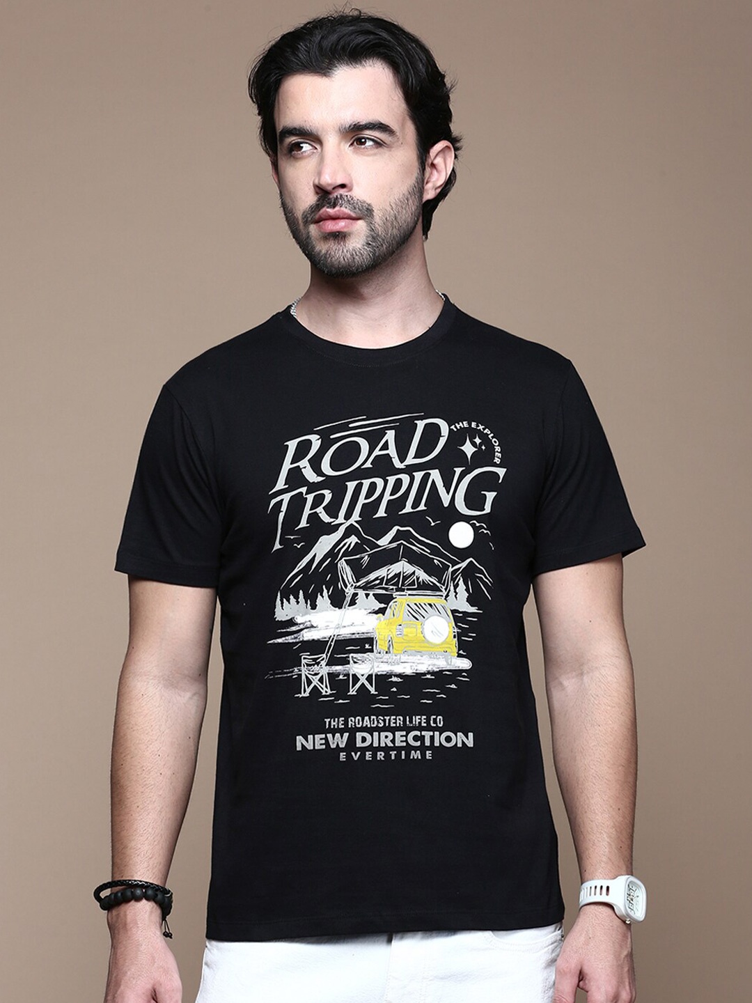 

The Roadster Lifestyle Co. Men Graphic Printed Round Neck Cotton T-Shirt, Black