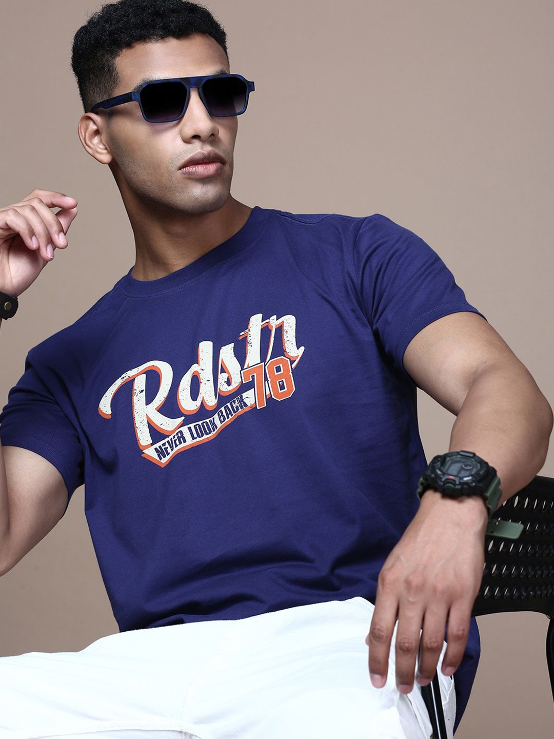 

The Roadster Lifestyle Co Printed Cotton T-Shirt, Navy blue
