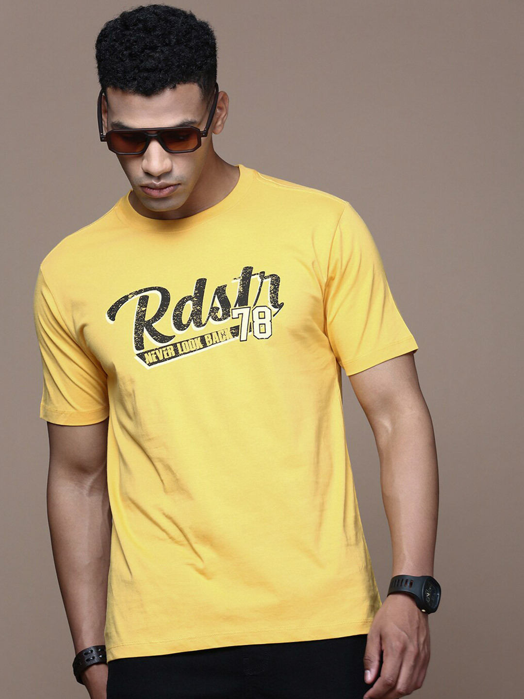 

The Roadster Lifestyle Co. Men Typography Printed Round Neck Cotton T-Shirt, Yellow
