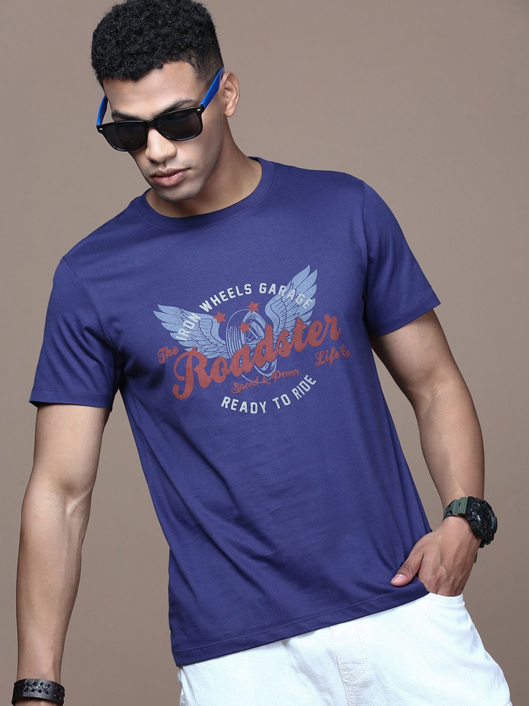 

The Roadster Lifestyle Co Printed Cotton T-Shirt, Navy blue