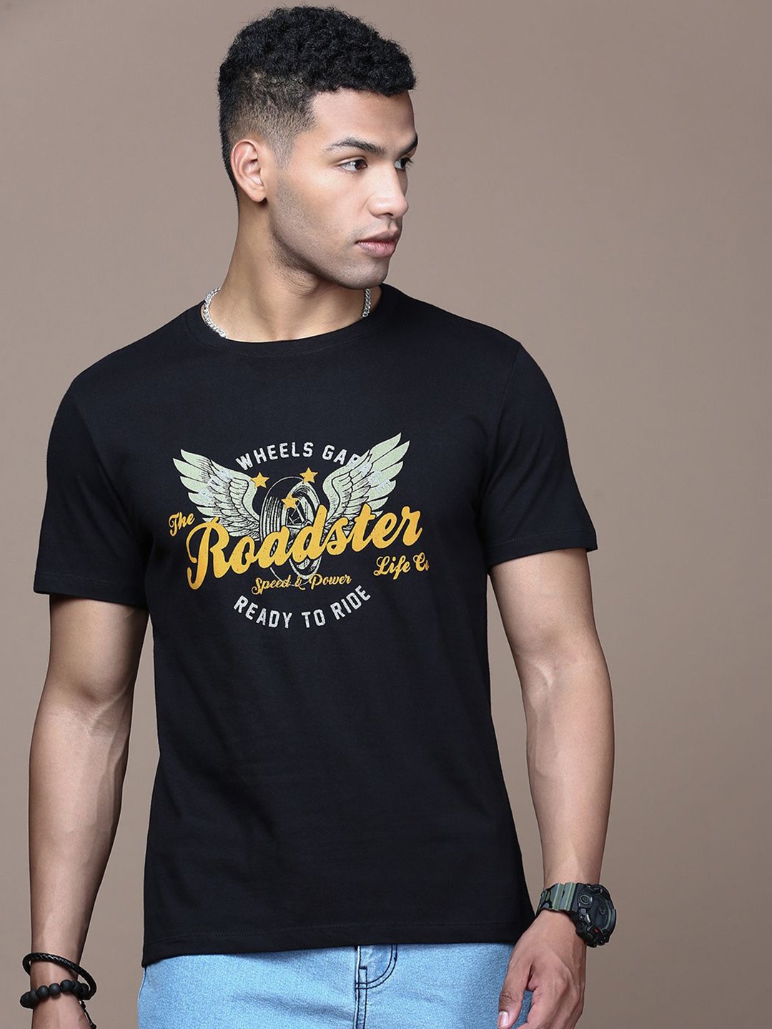 

The Roadster Lifestyle Co Printed Cotton T-Shirt, Black