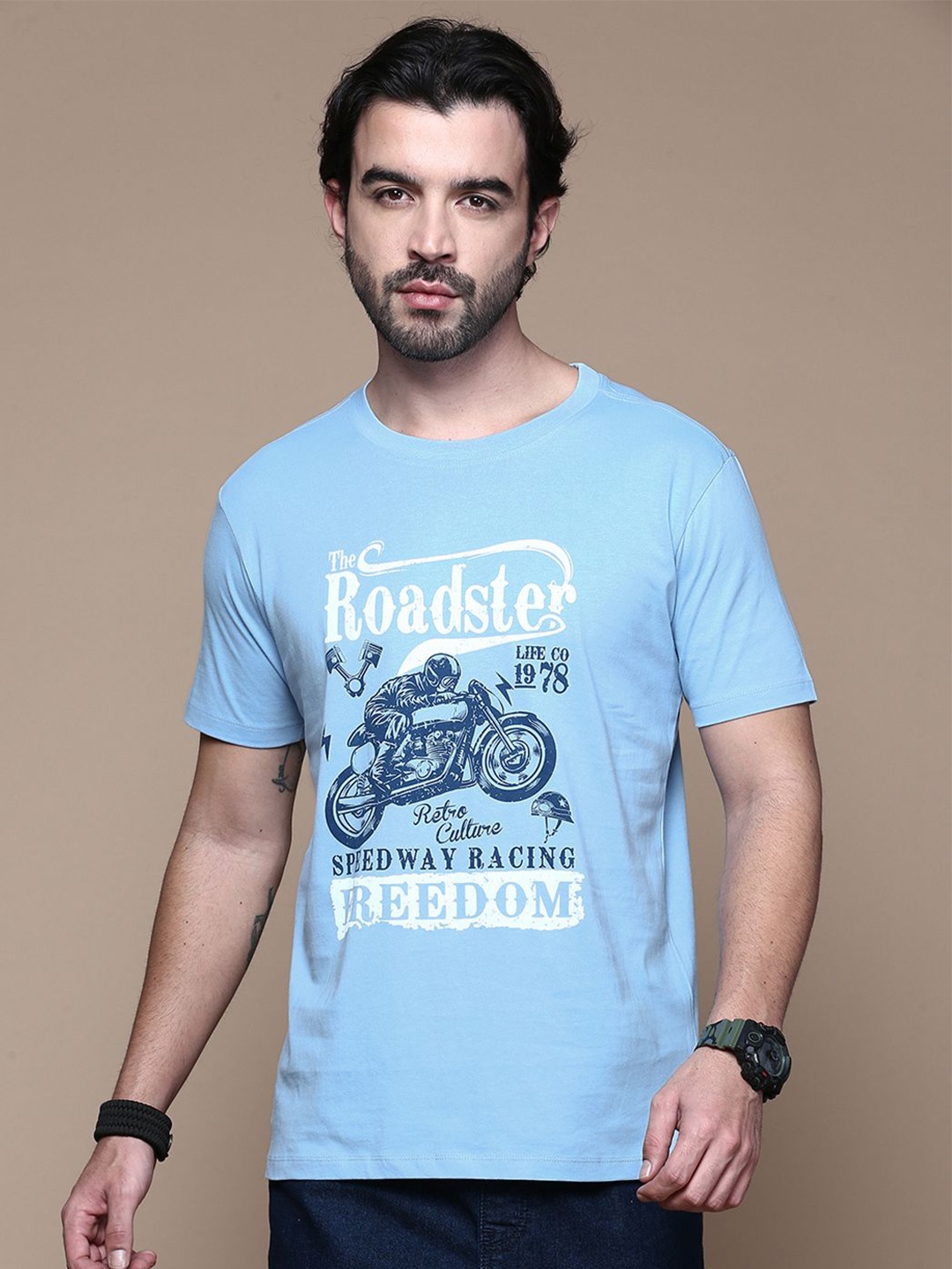 The Roadster Lifestyle Co. Men Graphic Printed Round Neck Cotton T-shirt, Blue