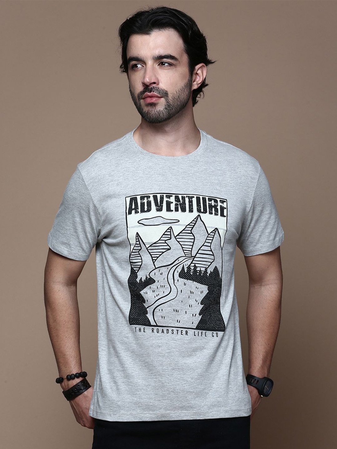 

The Roadster Lifestyle Co Printed Graphic Cotton T-Shirt, Grey