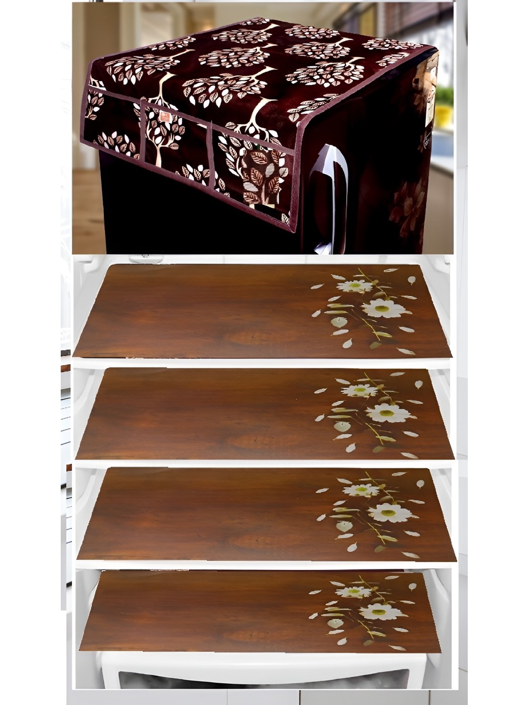 

REVEXO Maroon & White 5 Pieces Printed Fridge Top Cover