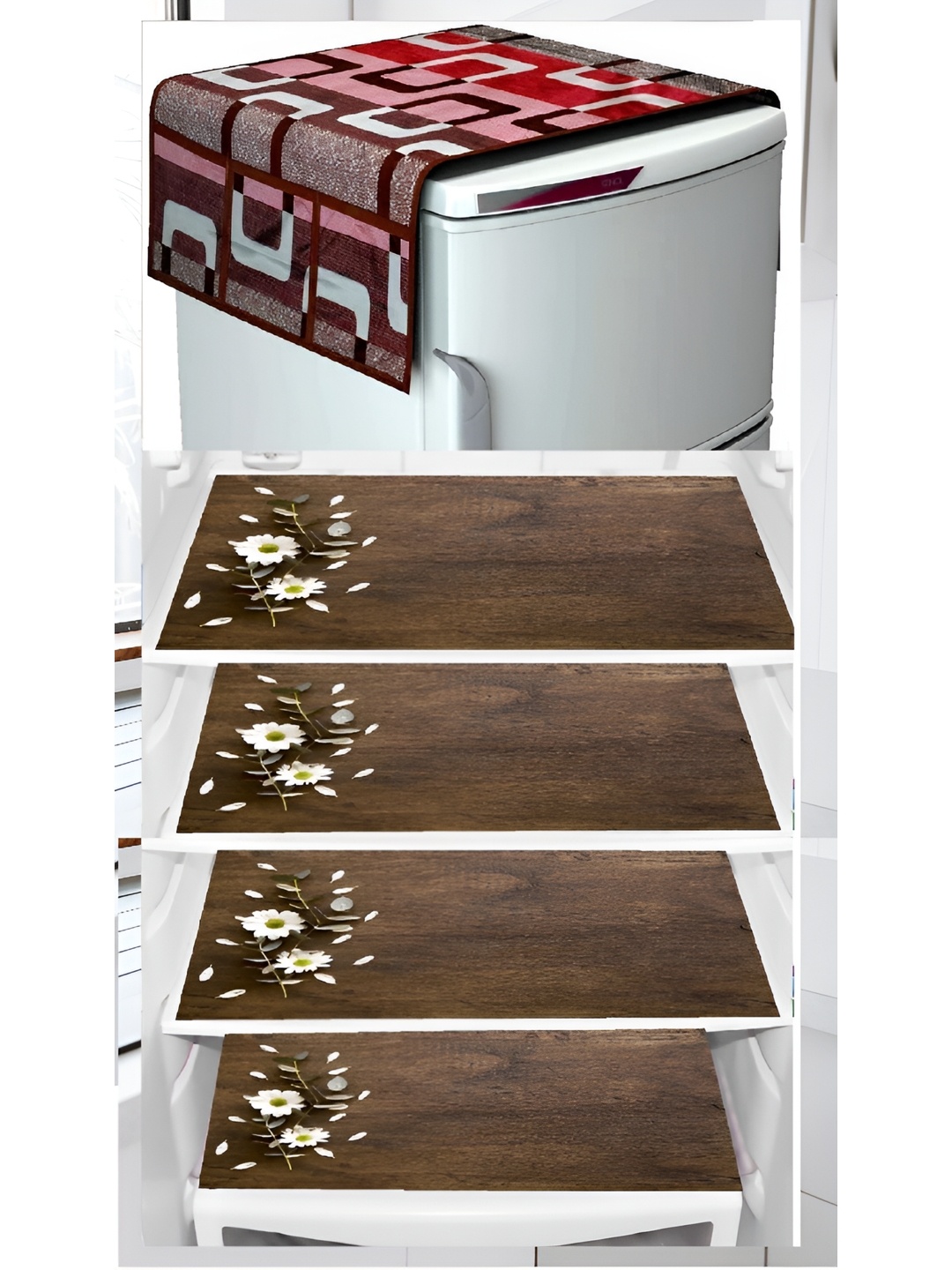 

REVEXO 5-pcs Brown & White Printed Fridge Top Cover