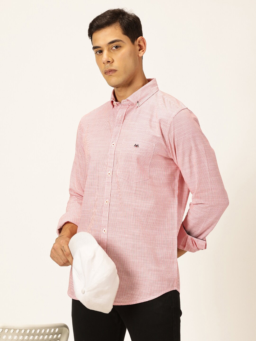 

Thomas Scott Smart Pinstriped Button Down Collar Pure Cotton Casual Shirt, Red