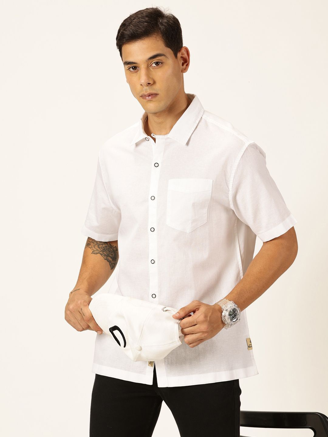 

Thomas Scott Smart Cutaway Collar Cotton Linen Casual Shirt, White